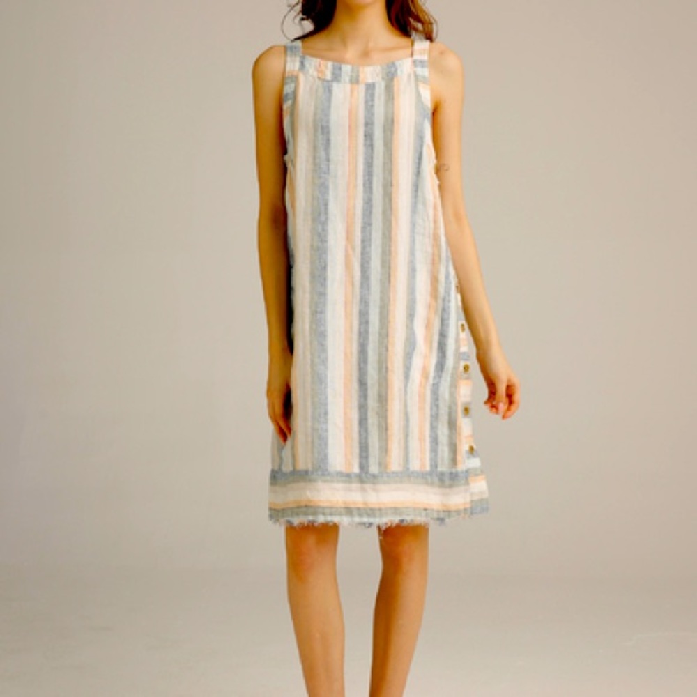 For Cynthia linen stripped tank dress pockets XS NWOT wood buttons